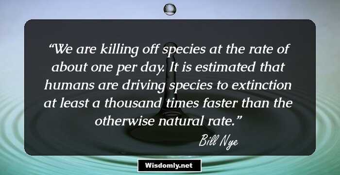 We are killing off species at the rate of about one per day. It is estimated that humans are driving species to extinction at least a thousand times faster than the otherwise natural rate.