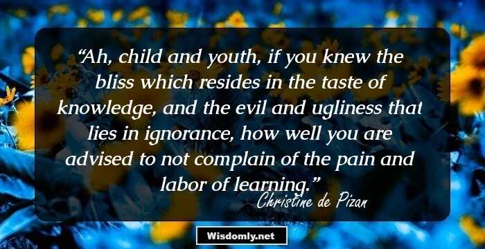 Ah, child and youth, if you knew the bliss which resides in the taste of knowledge, and the evil and ugliness that lies in ignorance, how well you are advised to not complain of the pain and labor of learning.