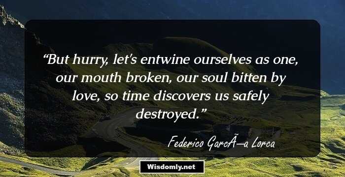 But hurry, let's entwine ourselves as one, our mouth broken, our soul bitten by love, so time discovers us safely destroyed.