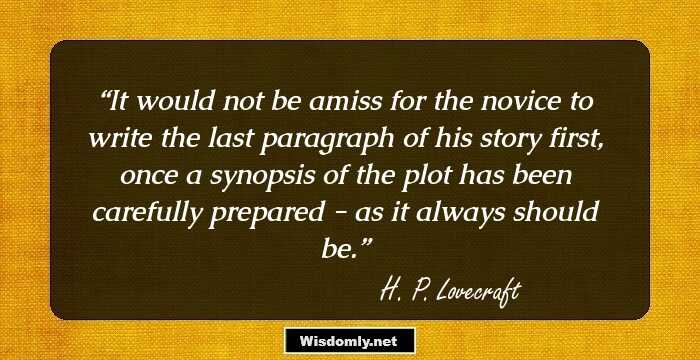 It would not be amiss for the novice to write the last paragraph of his story first, once a synopsis of the plot has been carefully prepared - as it always should be.