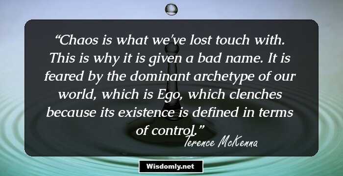 Chaos is what we've lost touch with. This is why it is given a bad name. It is feared by the dominant archetype of our world, which is Ego, which clenches because its existence is defined in terms of control.