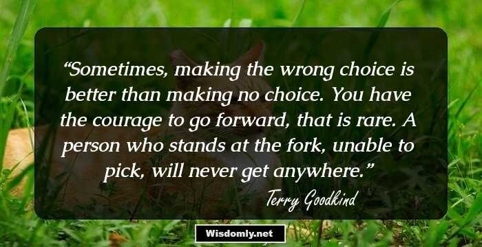 Sometimes, making the wrong choice is better than making no choice. You have the courage to go forward, that is rare. A person who stands at the fork, unable to pick, will never get anywhere.