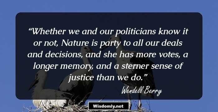 Whether we and our politicians know it or not, Nature is party to all our deals and decisions, and she has more votes, a longer memory, and a sterner sense of justice than we do.